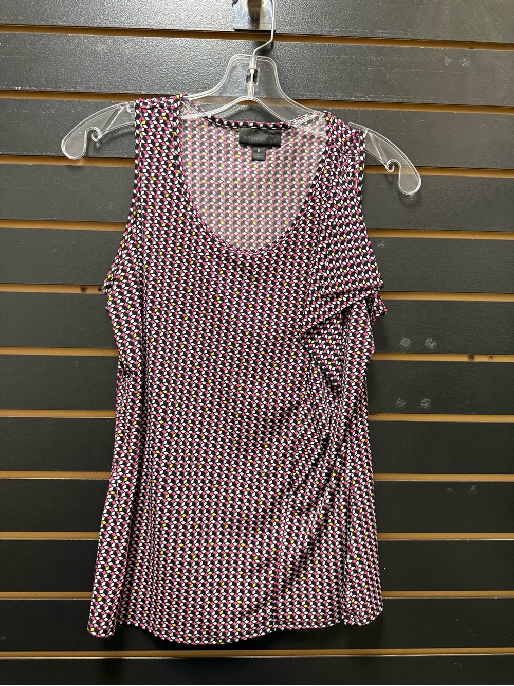Worthington Geometric Print Ruffle Tank Top Small Pink Black White